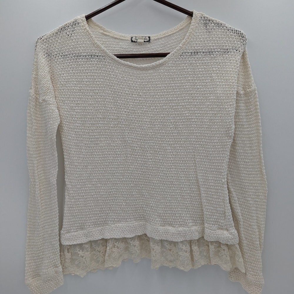 Eyeshadow Waffle Knit Lace Ruffle Hem Top Beige Small Long Sleeve Boho fairyore